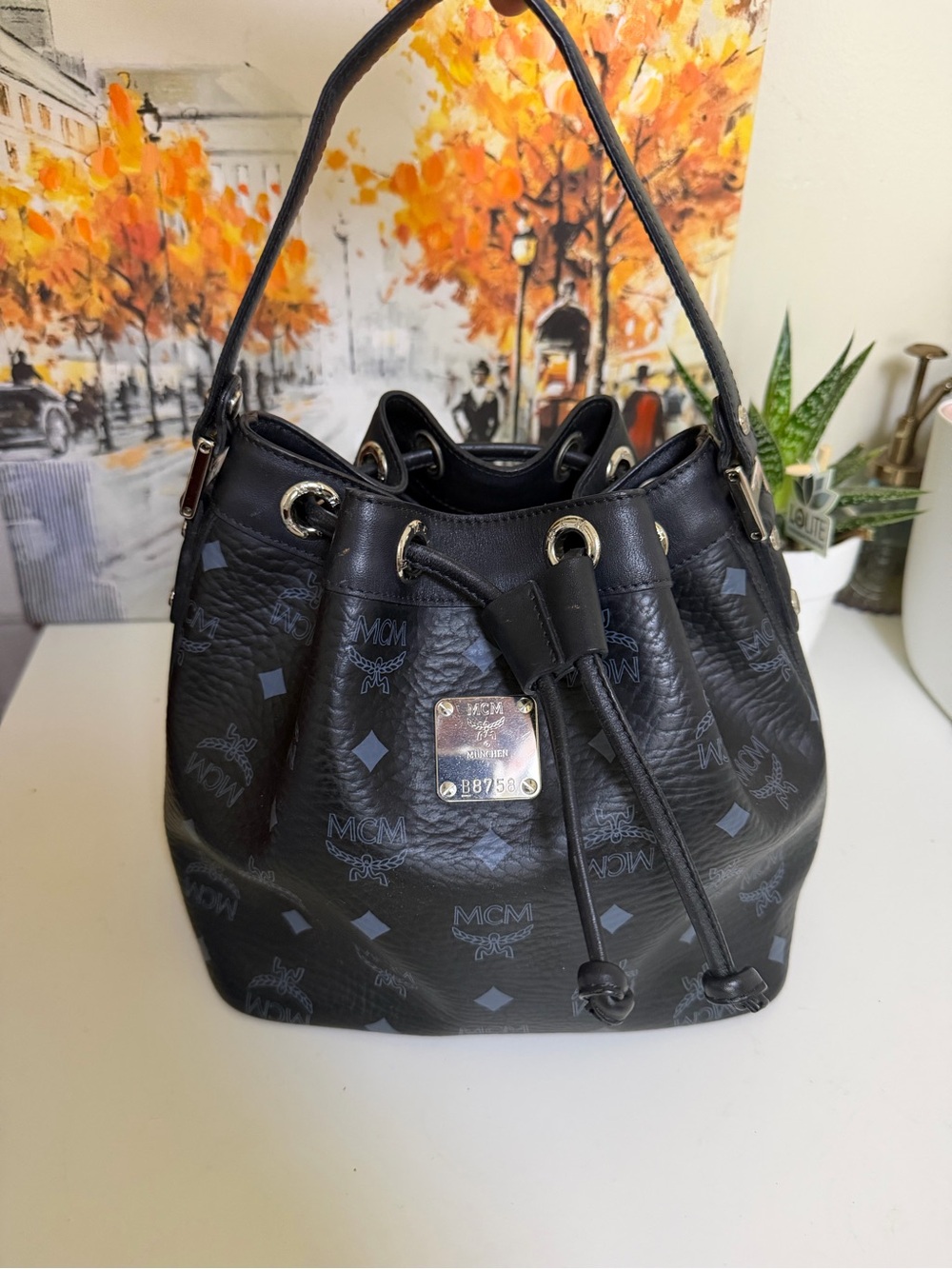 MCM Black Visetos Drawstring Bucket Shoulder Bag with Silver Hardware